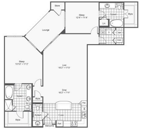Floor plan for 2 beds, 2 baths, 1396 sqft